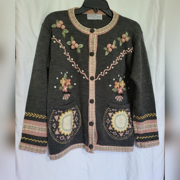Vtg Rene Derhy Gray Pink Wool Blend Embroidered Crochet Floral Cardigan‎ Size S - Picture 1 of 11
